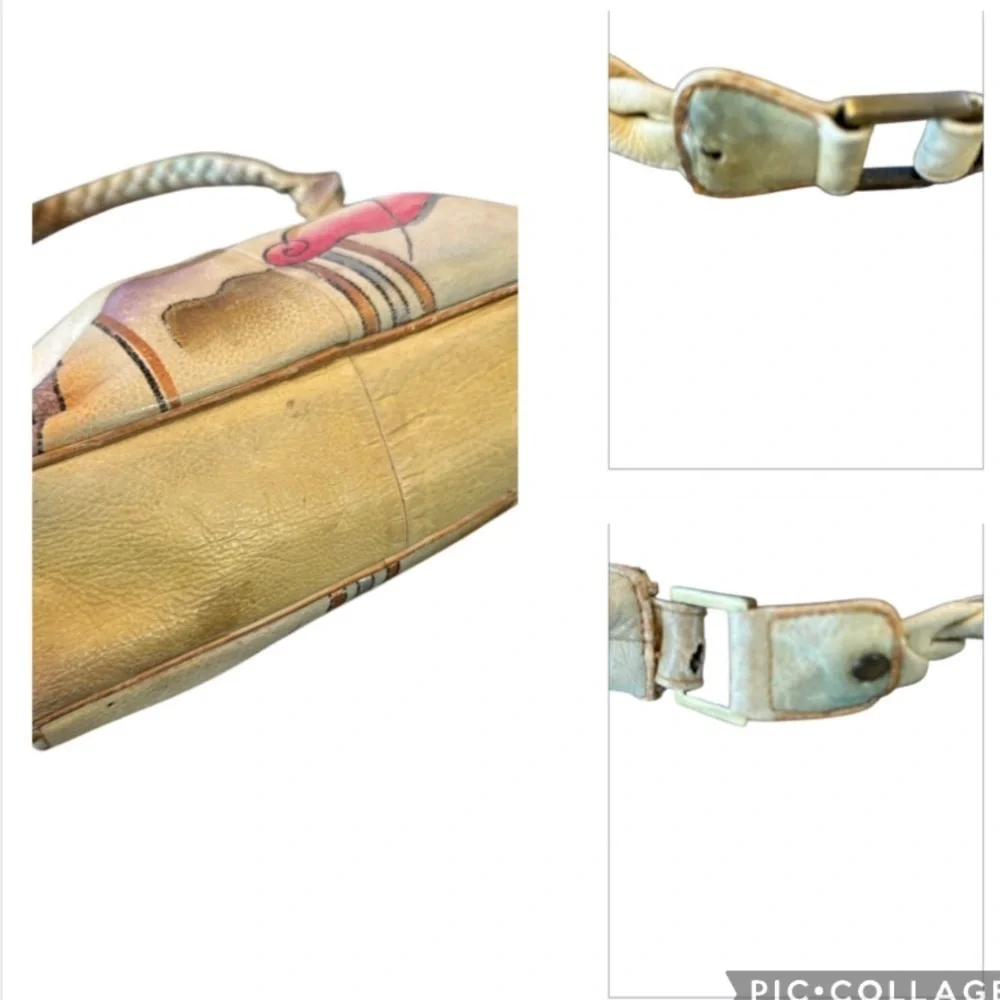 Vintage Handpainted Leather Manifique Hobo Bag with Braided Shoulder Strap